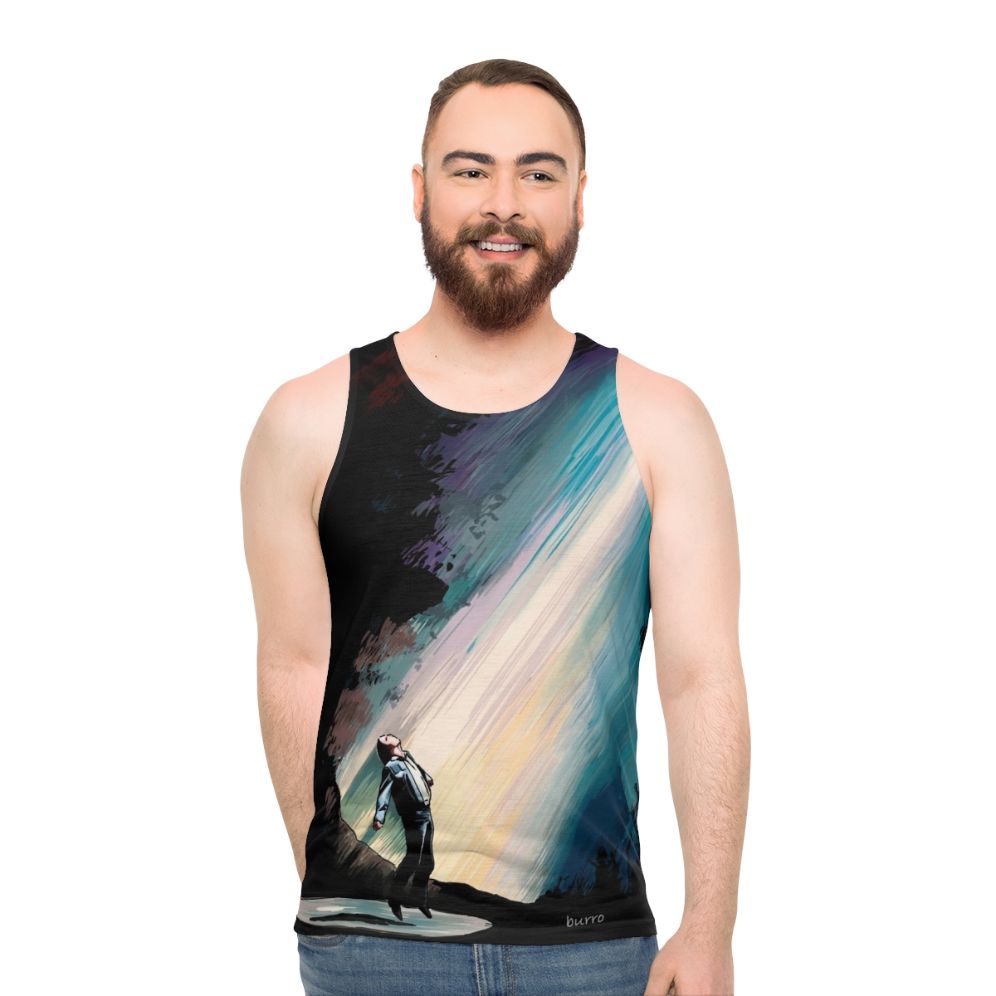 Vibrant sci-fi illustration of a fire in the sky with UFOs on a unisex tank top