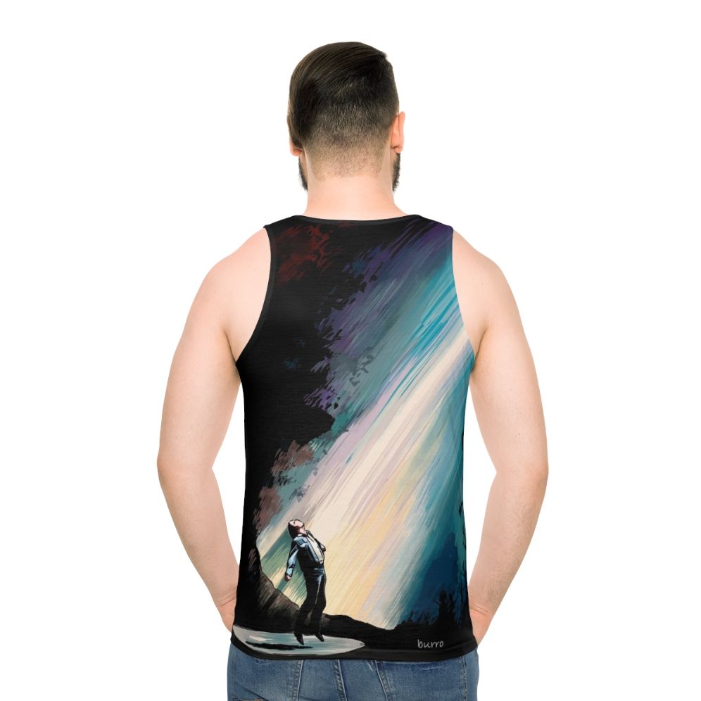 Vibrant sci-fi illustration of a fire in the sky with UFOs on a unisex tank top
