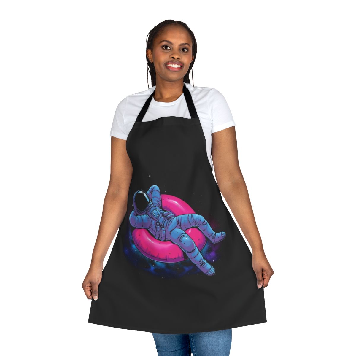 Floating dream apron featuring an astronaut in a starry, cosmic setting