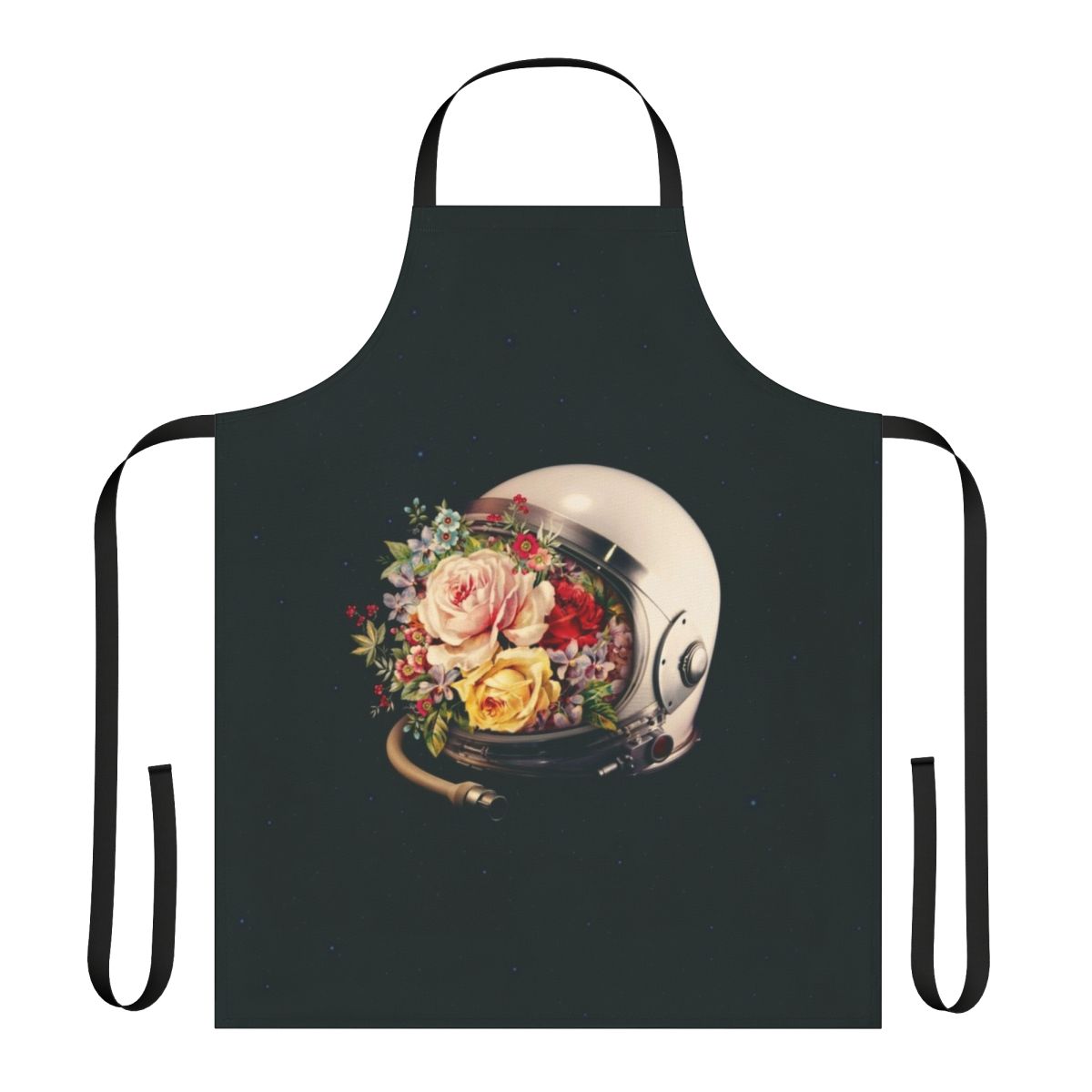 A surreal collage apron featuring an astronaut, stars, and flowers in a galactic setting.