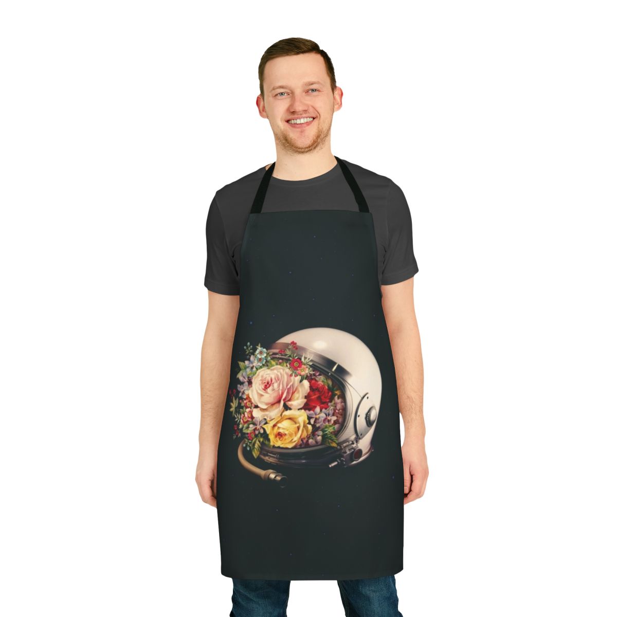 A surreal collage apron featuring an astronaut, stars, and flowers in a galactic setting.
