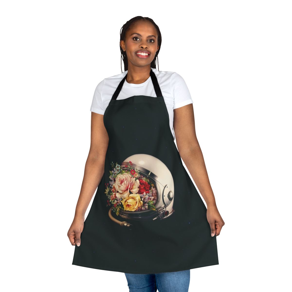 A surreal collage apron featuring an astronaut, stars, and flowers in a galactic setting.