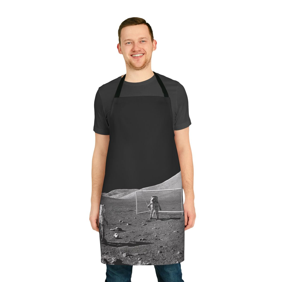 Stylish space-themed football apron with astronaut and moon design