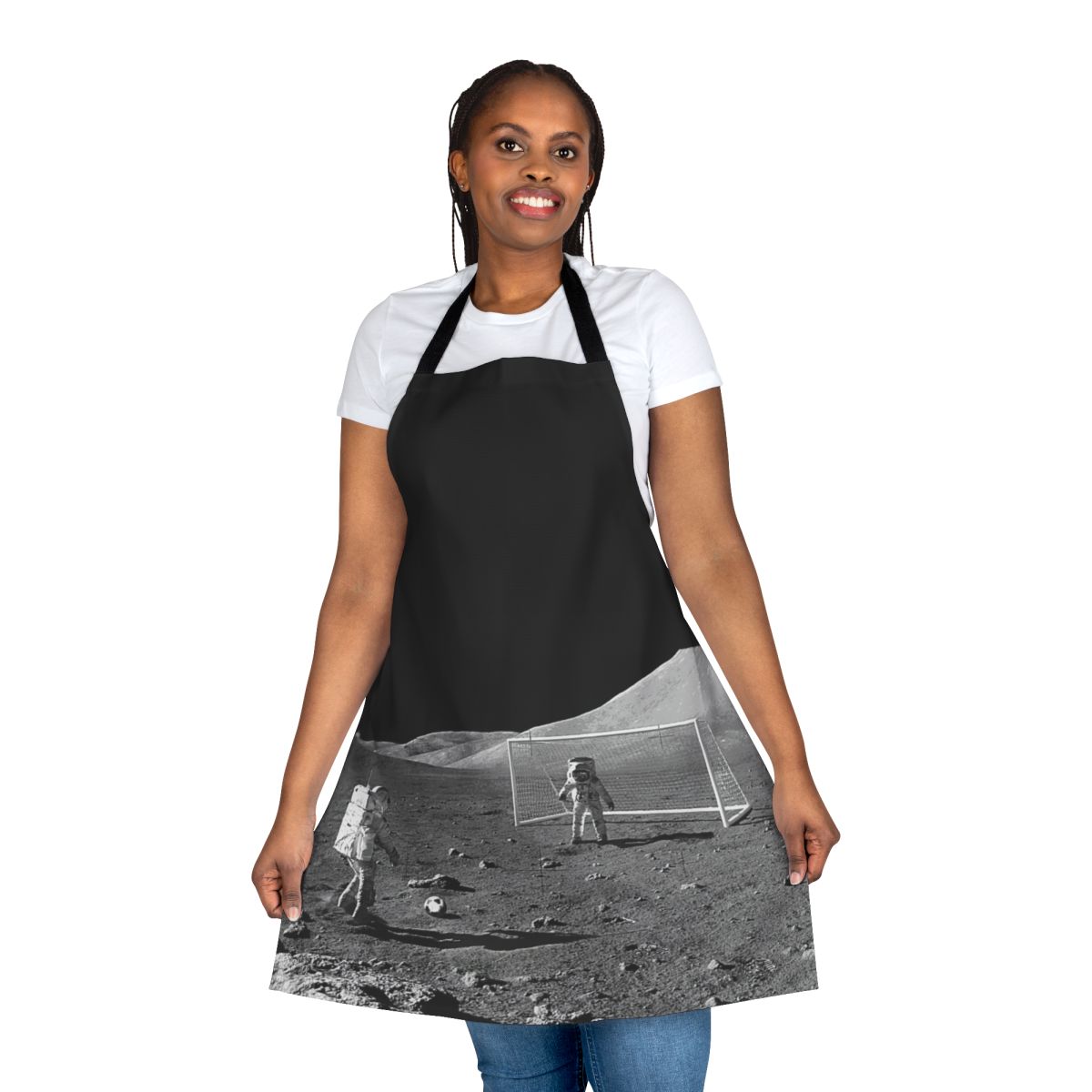 Stylish space-themed football apron with astronaut and moon design
