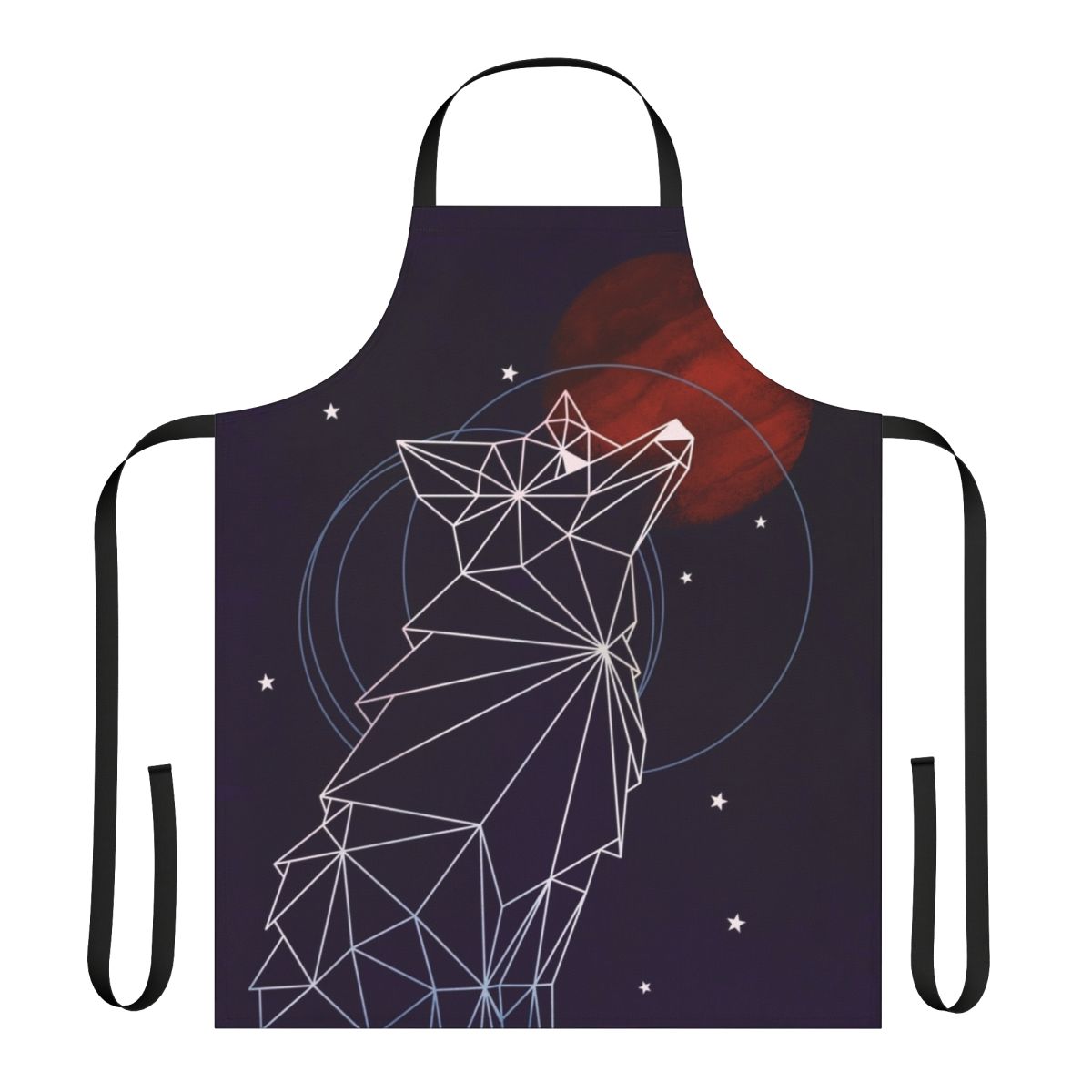 Apron featuring a colorful, watercolor-style design of a fox surrounded by stars, planets, and cosmic elements.