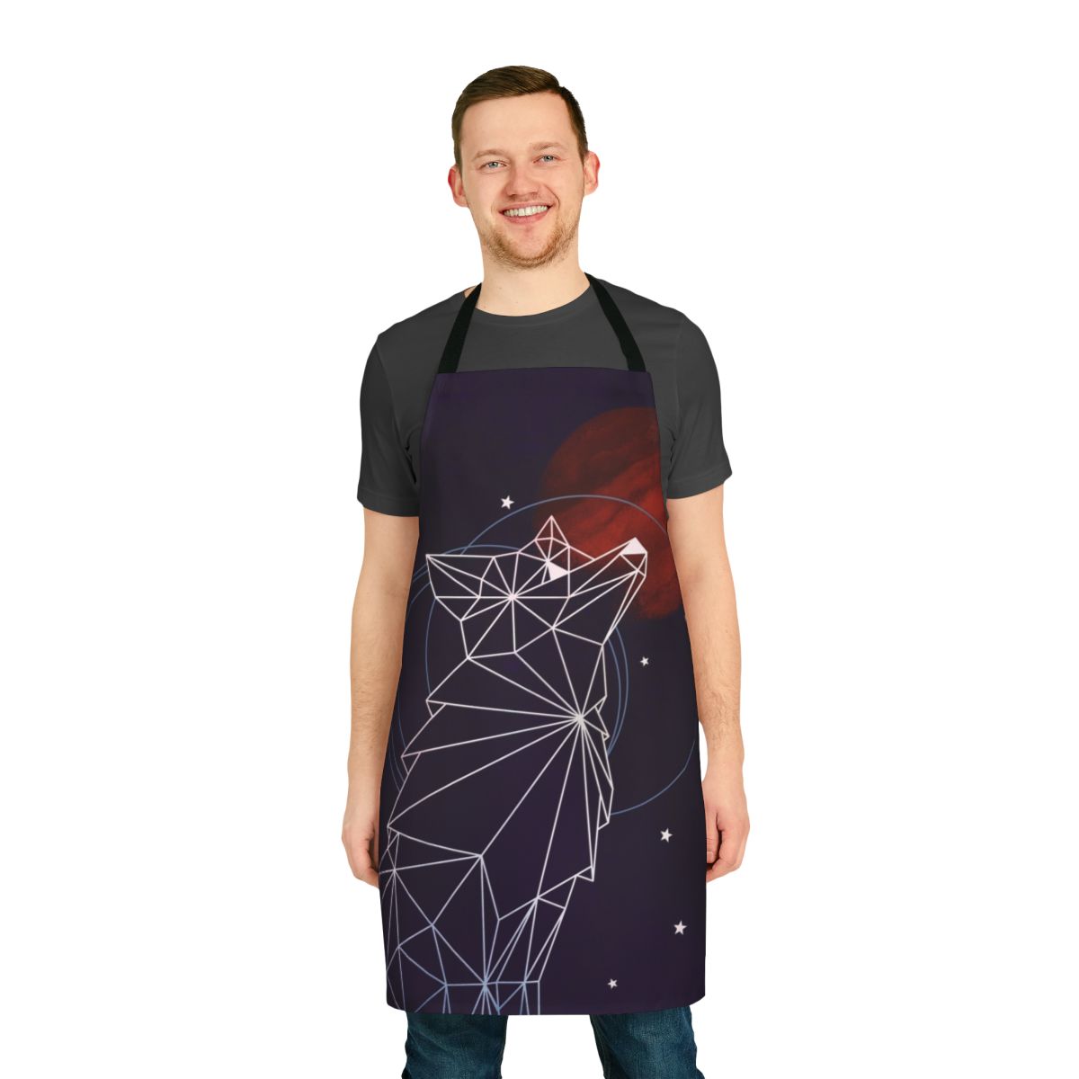 Apron featuring a colorful, watercolor-style design of a fox surrounded by stars, planets, and cosmic elements.