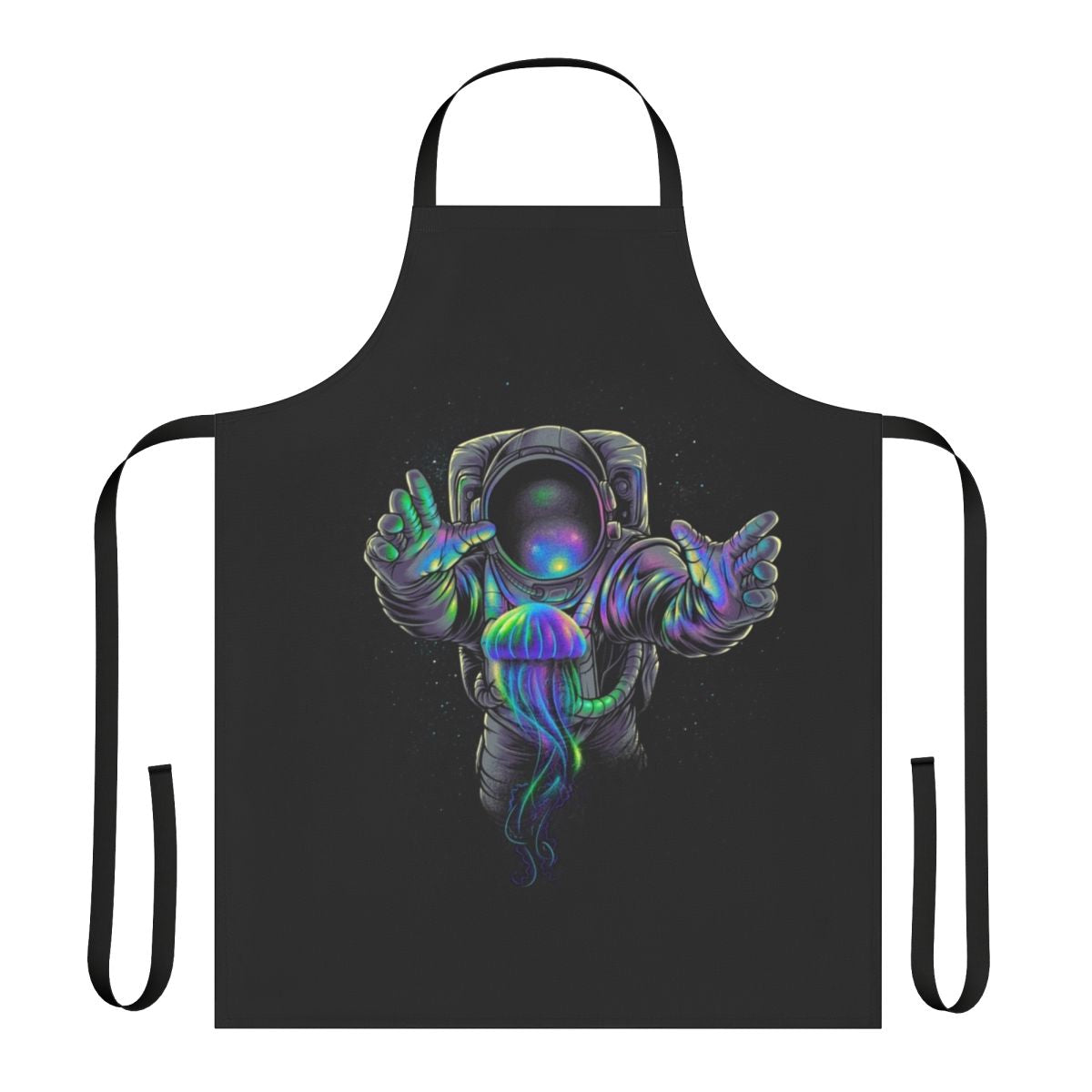 Colorful apron featuring a design of cosmic jellyfish in a galaxy setting