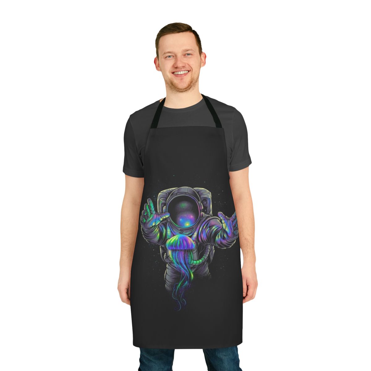 Colorful apron featuring a design of cosmic jellyfish in a galaxy setting