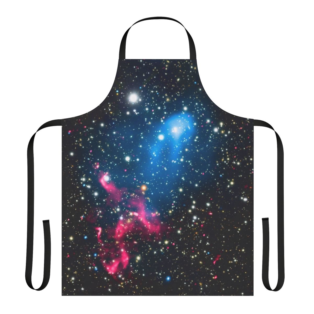 Apron featuring a captivating image of colliding galaxies in the depths of space.