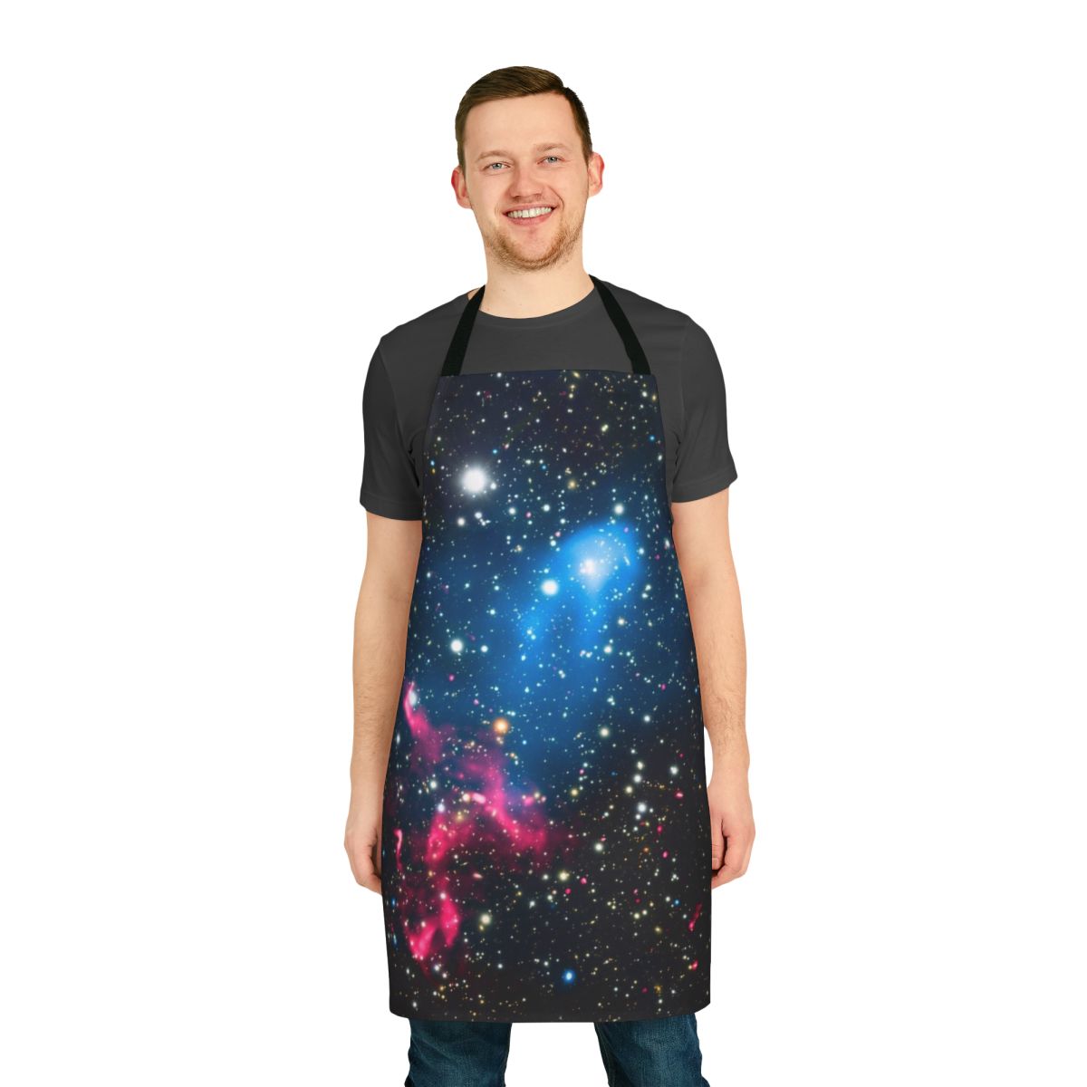 Apron featuring a captivating image of colliding galaxies in the depths of space.