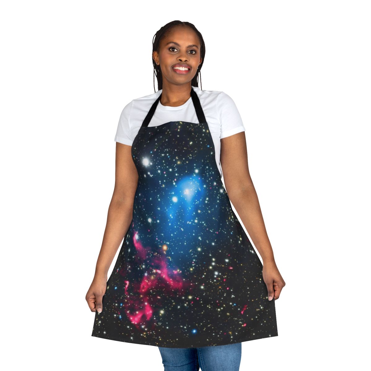 Apron featuring a captivating image of colliding galaxies in the depths of space.