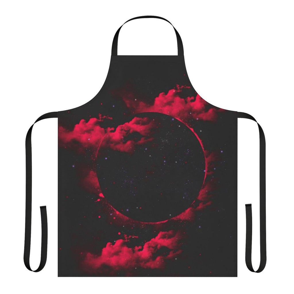 A stylish black and pink apron with a cosmic, space-themed design featuring stars, planets, and a black hole.