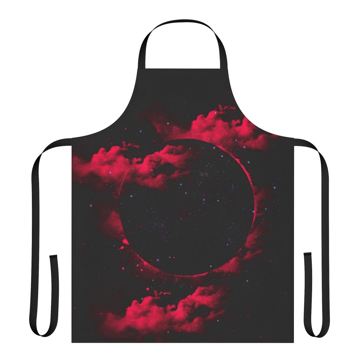 A stylish black and pink apron with a cosmic, space-themed design featuring stars, planets, and a black hole.