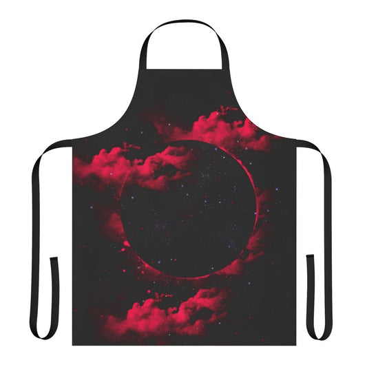 A stylish black and pink apron with a cosmic, space-themed design featuring stars, planets, and a black hole.