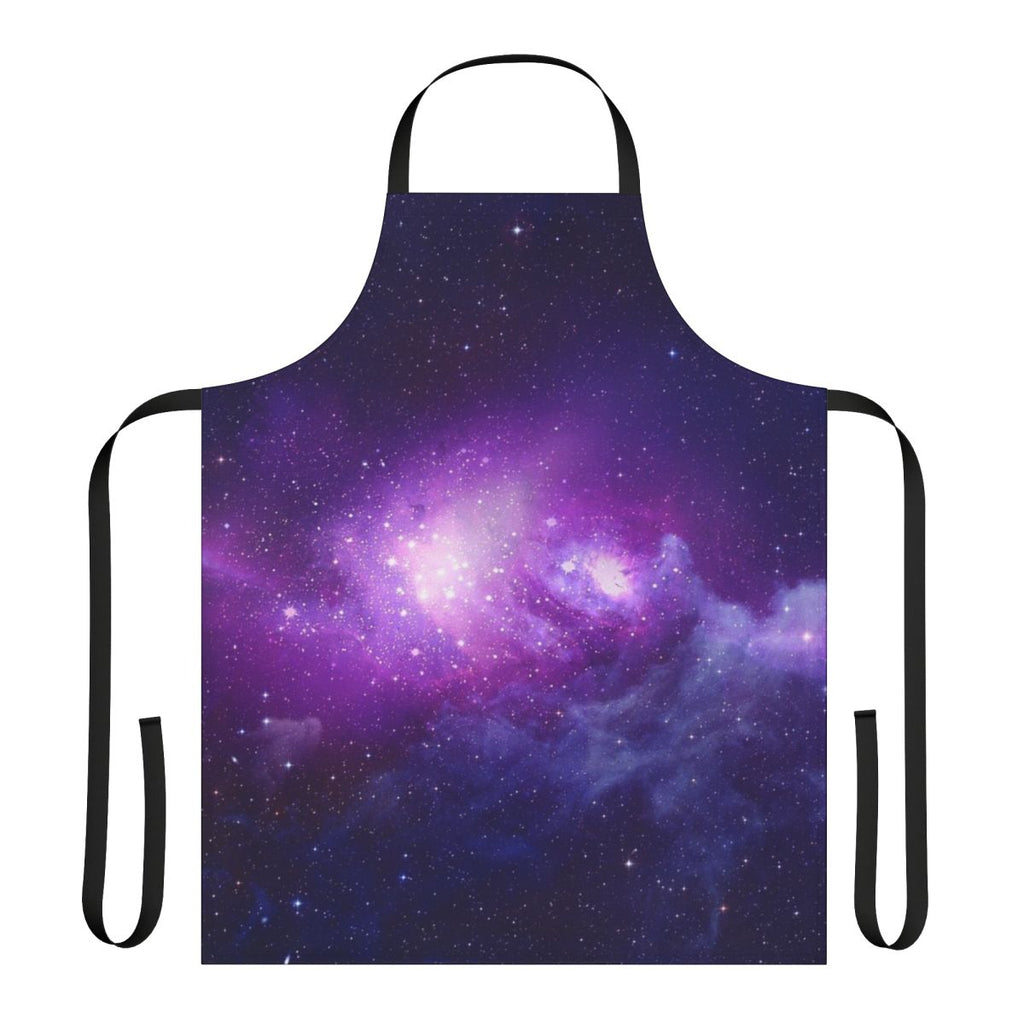 Colorful galaxy-themed kitchen apron with stars, nebulae, and cosmic patterns