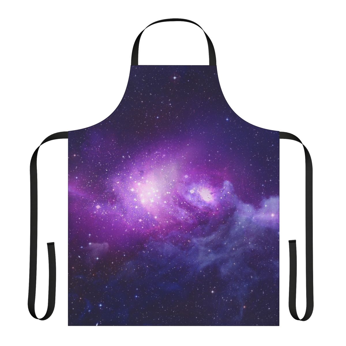 Colorful galaxy-themed kitchen apron with stars, nebulae, and cosmic patterns