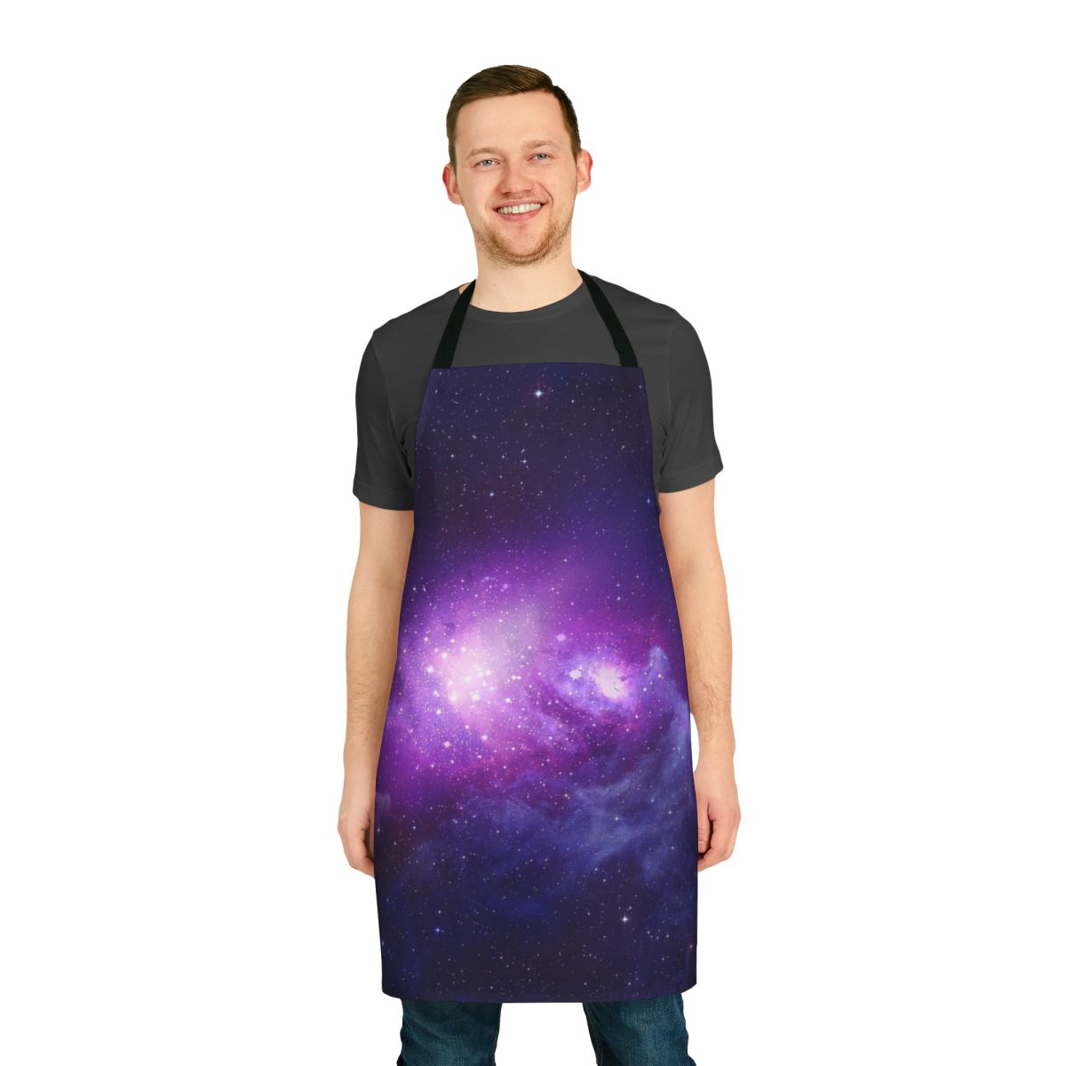 Colorful galaxy-themed kitchen apron with stars, nebulae, and cosmic patterns