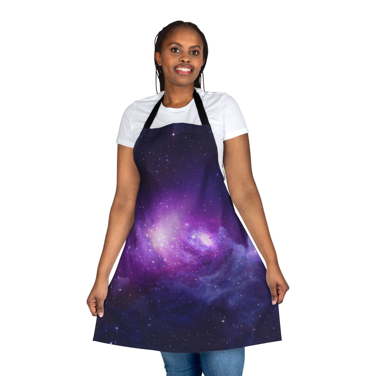 Colorful galaxy-themed kitchen apron with stars, nebulae, and cosmic patterns