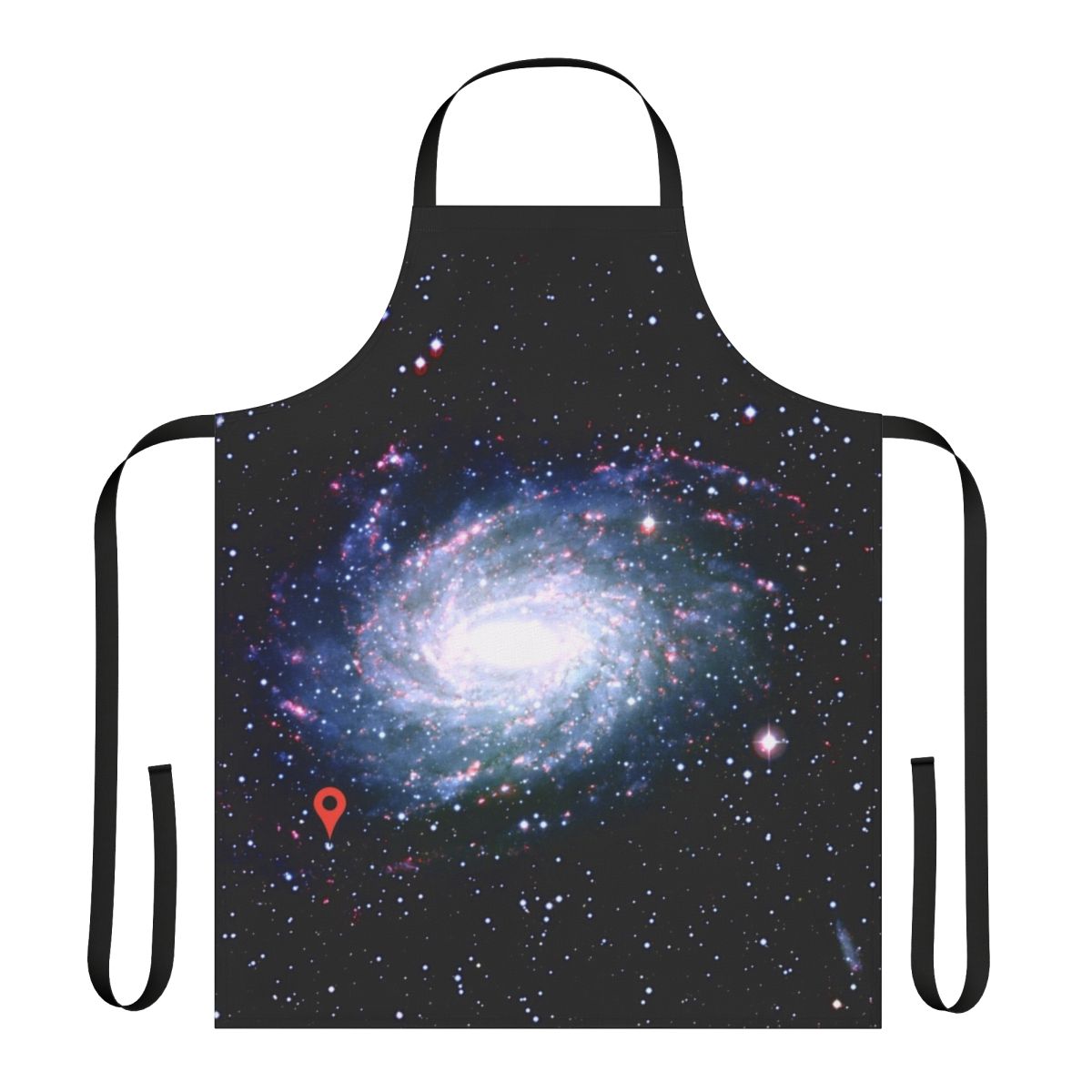 Apron with a cosmic galaxy print design featuring stars, planets, and nebulae