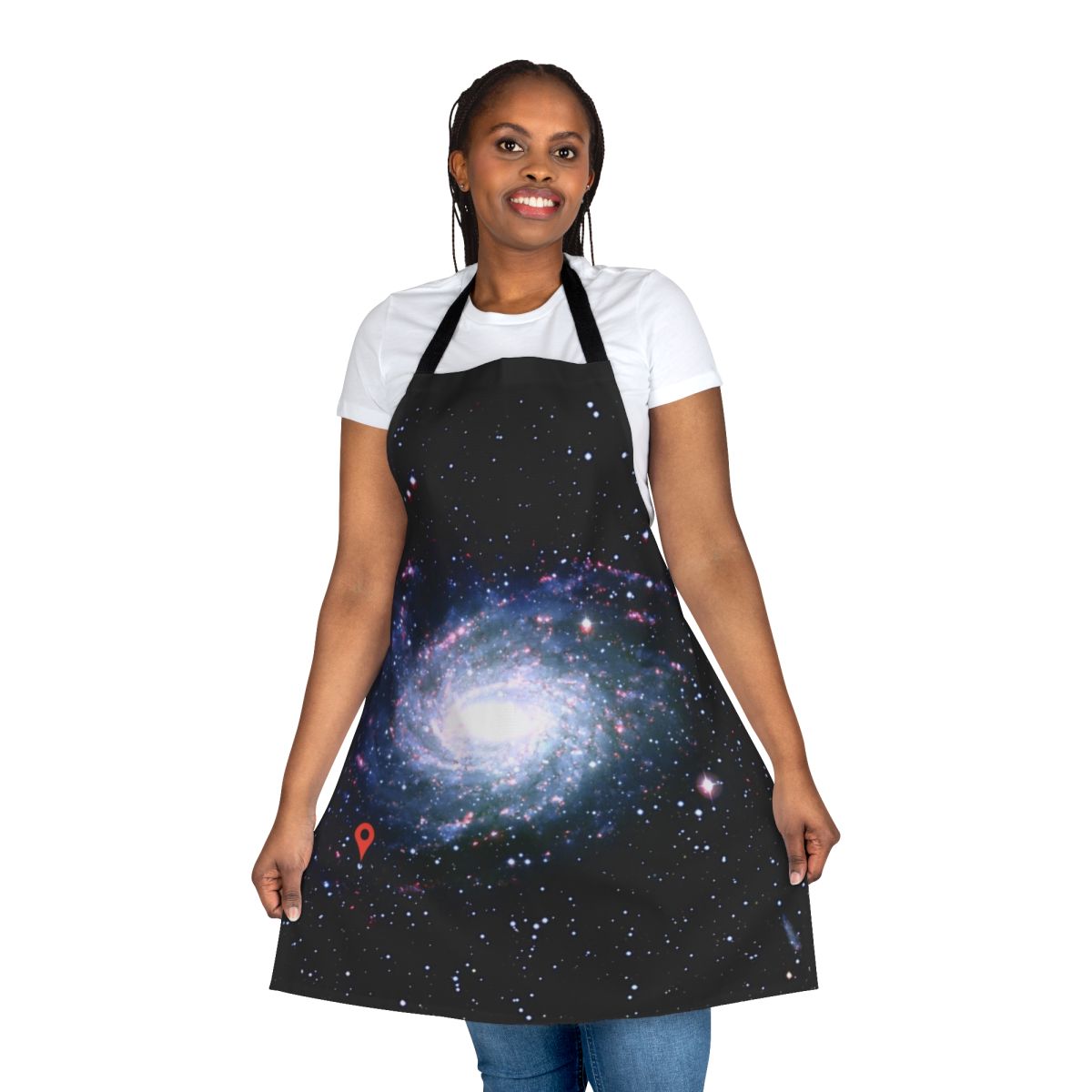 Apron with a cosmic galaxy print design featuring stars, planets, and nebulae