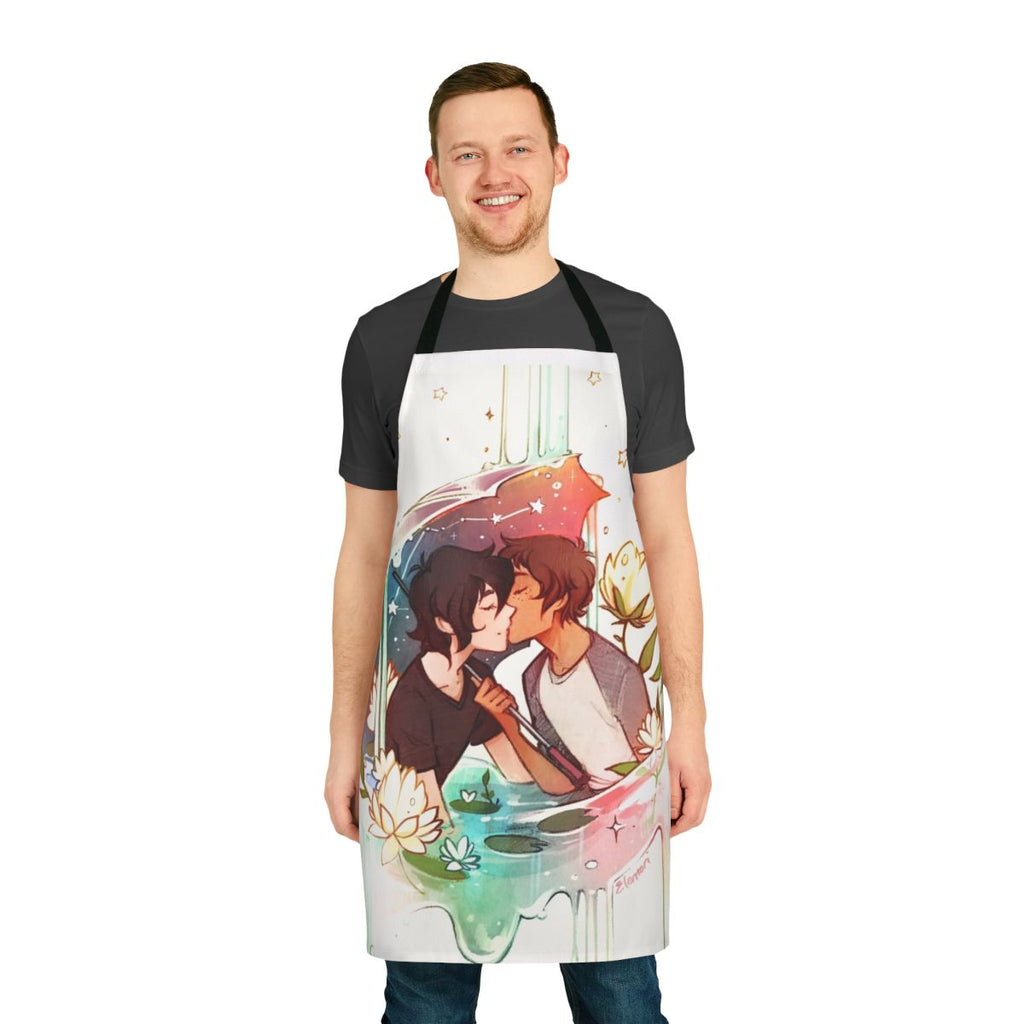 A white apron featuring a starry night sky and the Voltron lions in silhouette, representing the Klance fan art of Elentori.