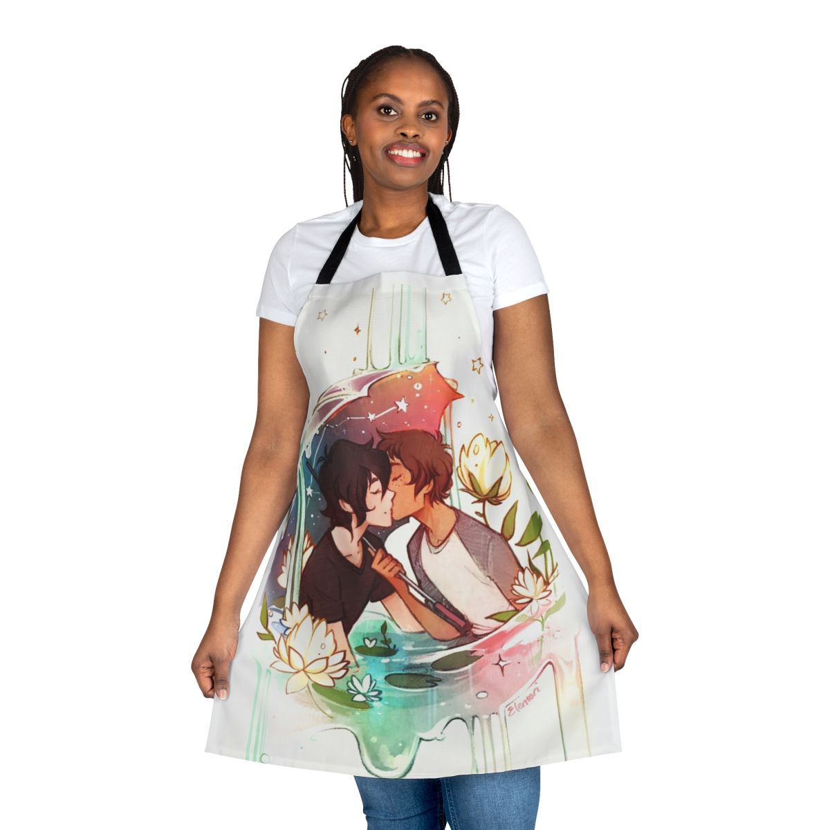 A white apron featuring a starry night sky and the Voltron lions in silhouette, representing the Klance fan art of Elentori.