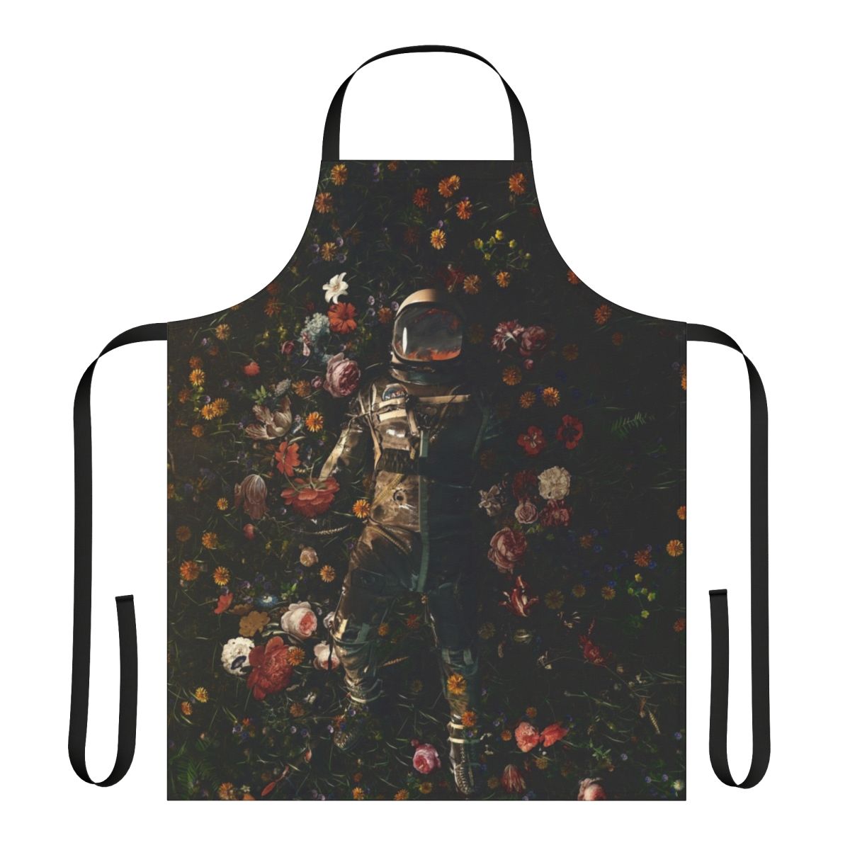 Surreal, space-inspired garden apron featuring cosmic flowers and flora