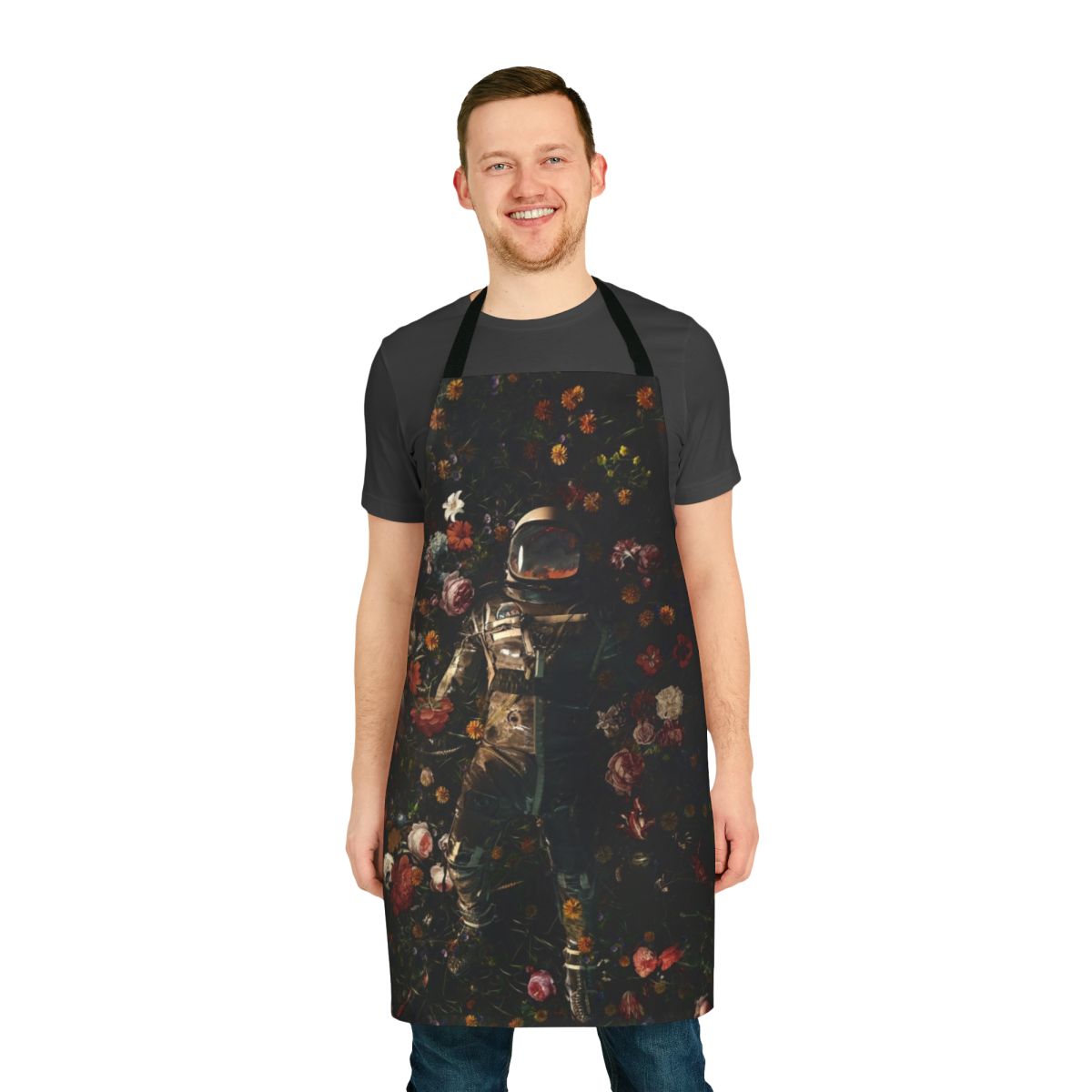 Surreal, space-inspired garden apron featuring cosmic flowers and flora