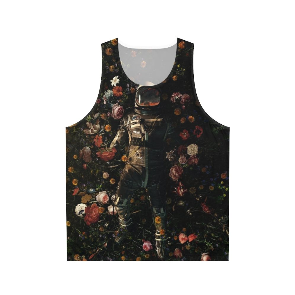 Unisex tank top featuring a surreal, cosmic garden design