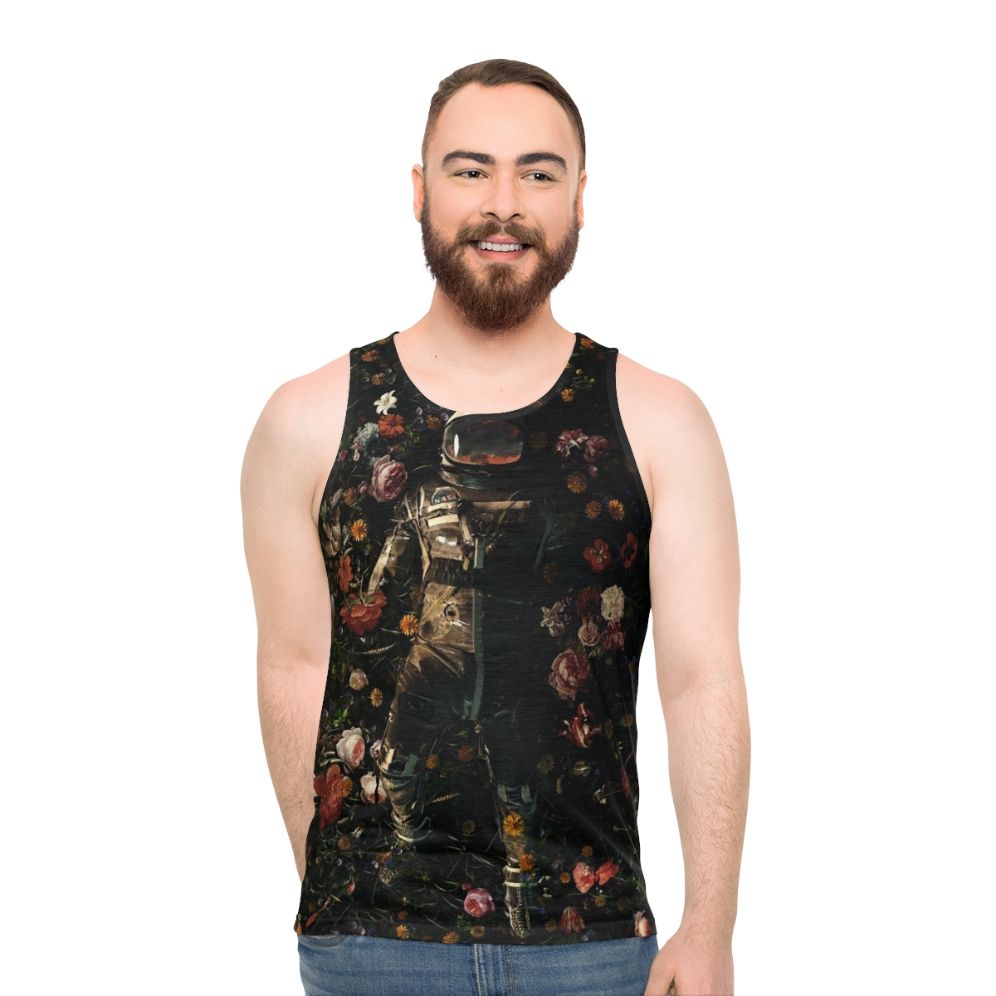 Unisex tank top featuring a surreal, cosmic garden design