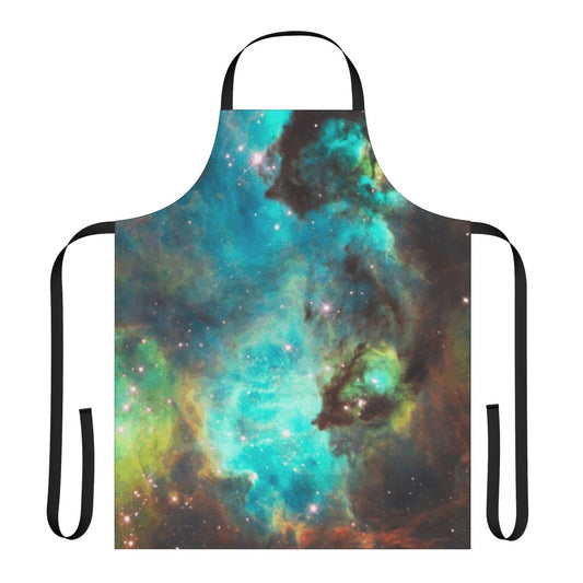 Vibrant green galaxy and nebula pattern on an apron design