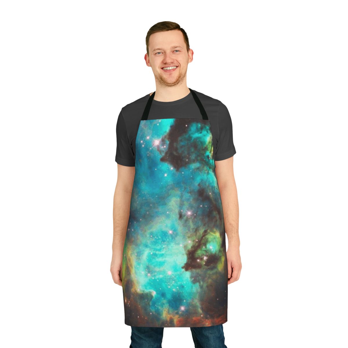 Vibrant green galaxy and nebula pattern on an apron design