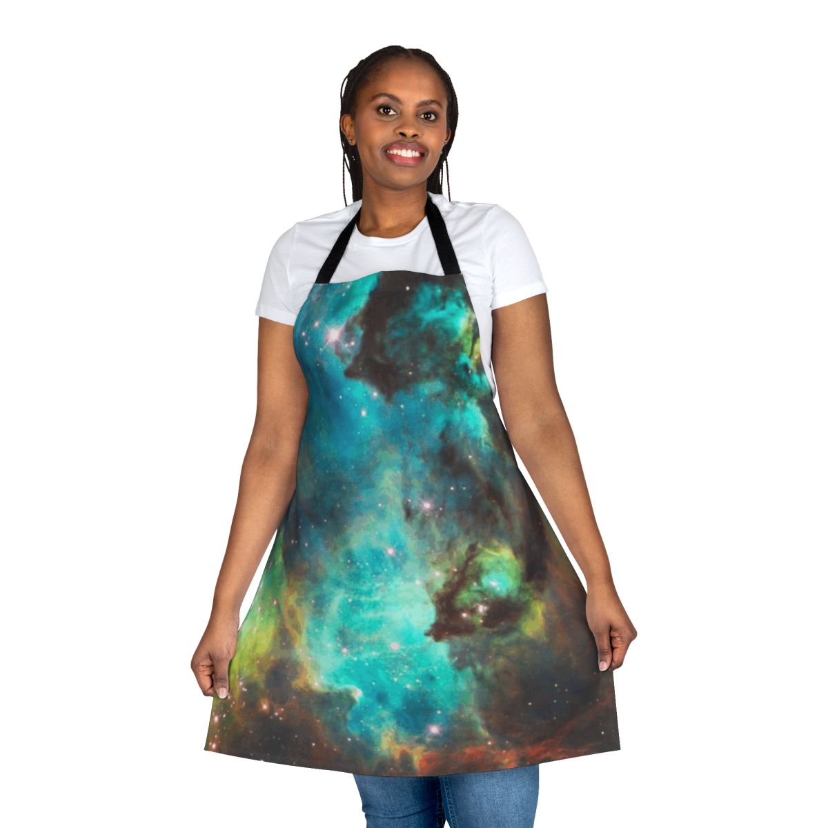 Vibrant green galaxy and nebula pattern on an apron design