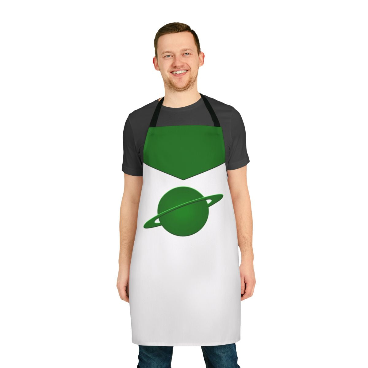 Green planet apron with space and sci-fi graphics