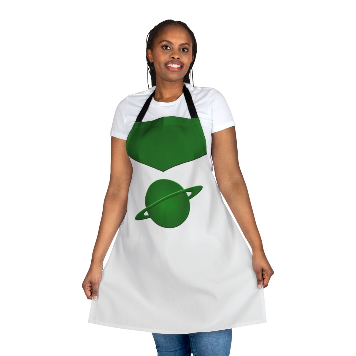 Green planet apron with space and sci-fi graphics