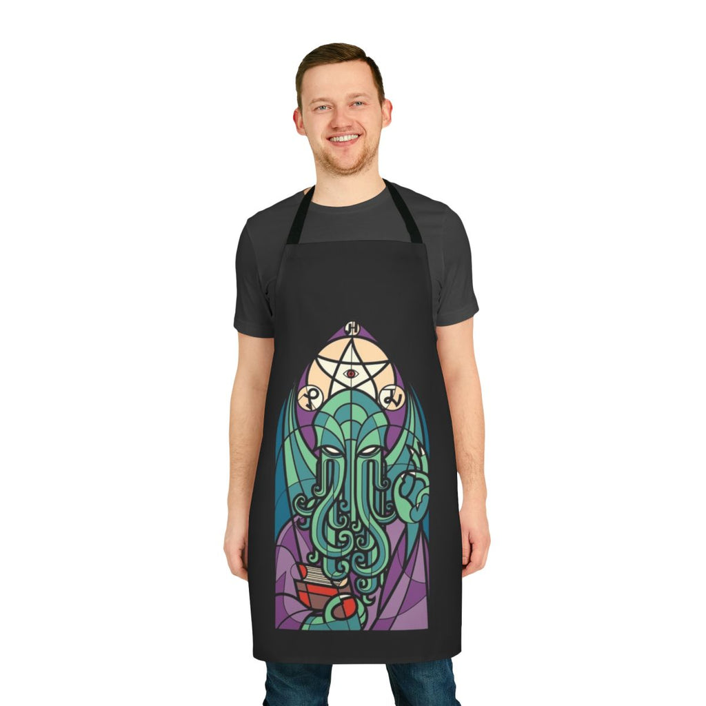 Cthulhu-inspired apron with stained glass cosmic horror design