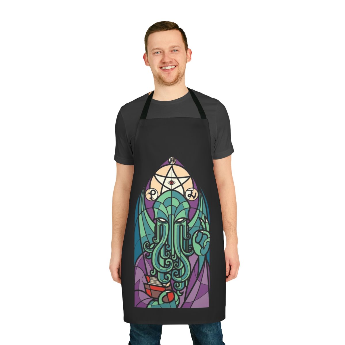 Cthulhu-inspired apron with stained glass cosmic horror design