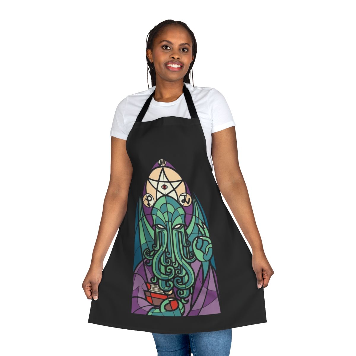 Cthulhu-inspired apron with stained glass cosmic horror design