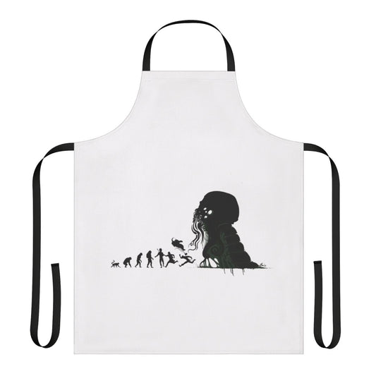 Apron featuring a silhouette design of human evolution transitioning into a Lovecraftian, eldritch creature.
