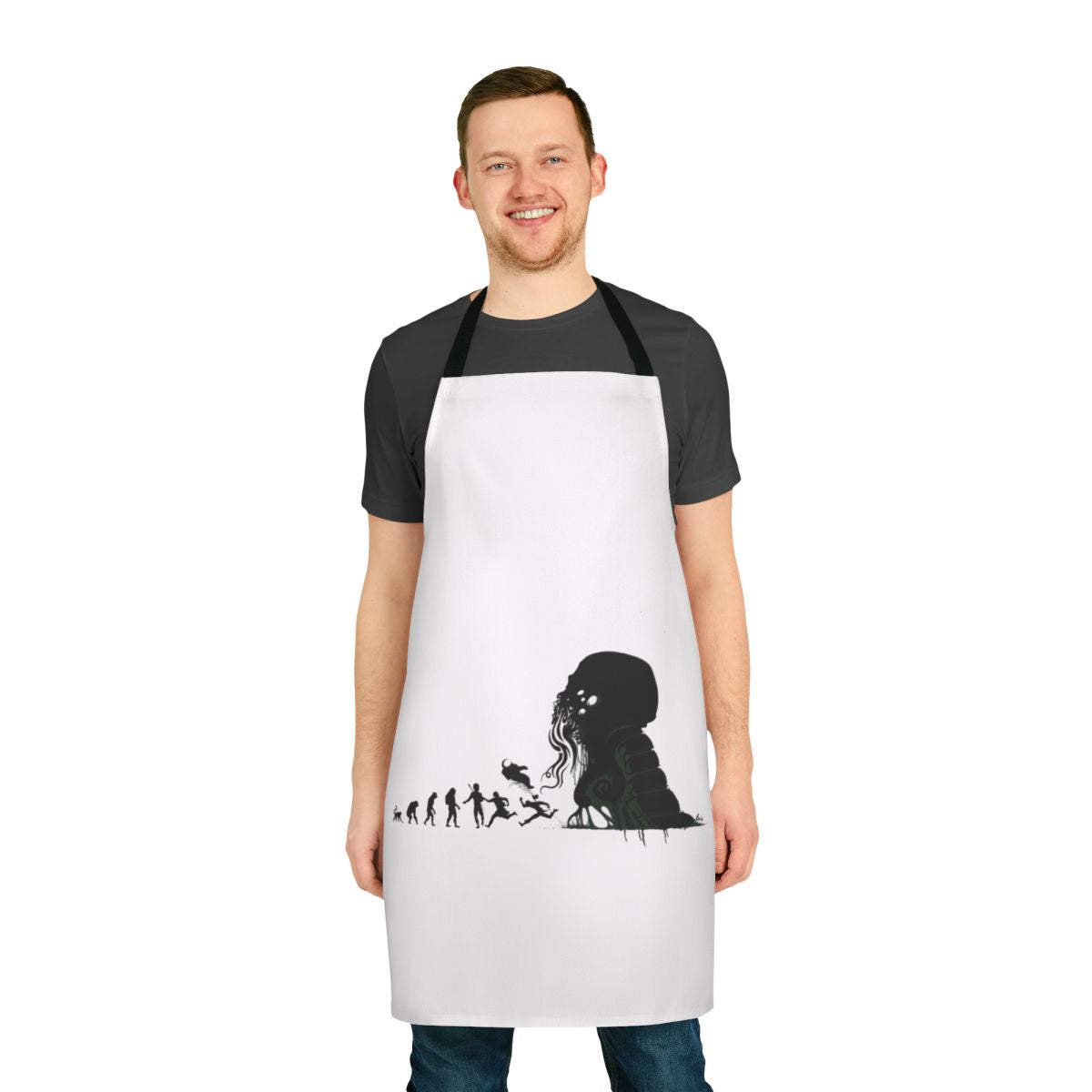 Apron featuring a silhouette design of human evolution transitioning into a Lovecraftian, eldritch creature.
