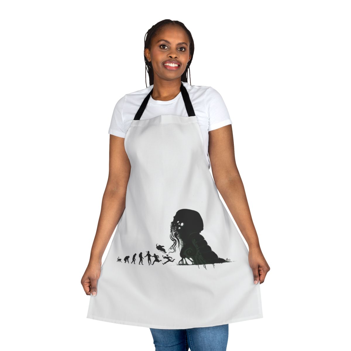 Apron featuring a silhouette design of human evolution transitioning into a Lovecraftian, eldritch creature.