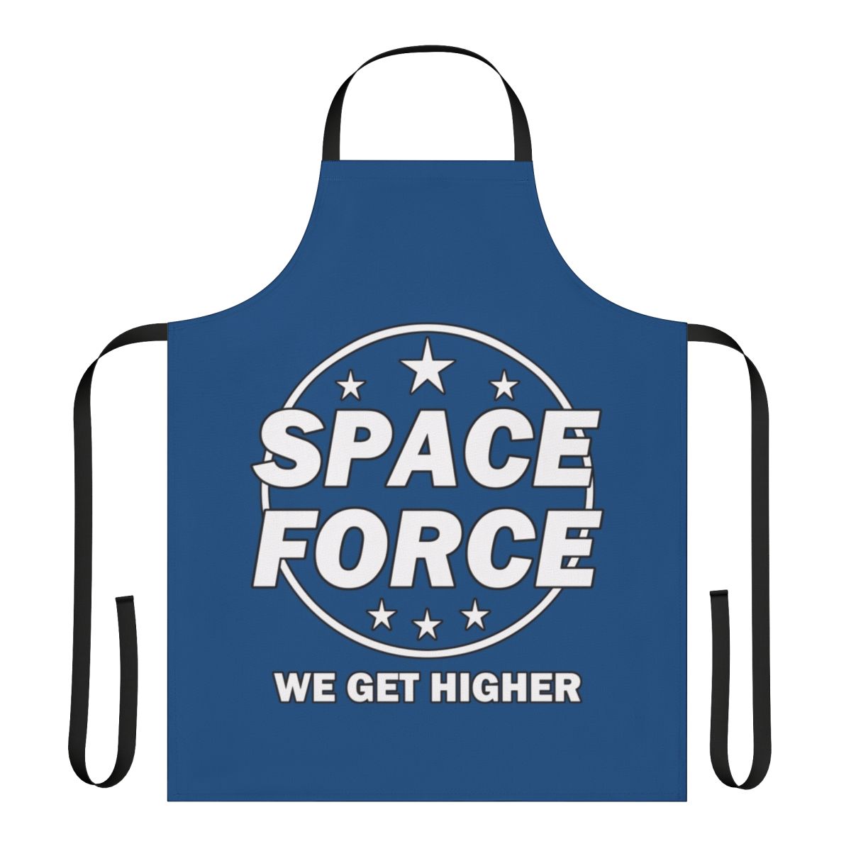 A white apron featuring a "Space Force" inspired design with a humorous, space-themed graphic.