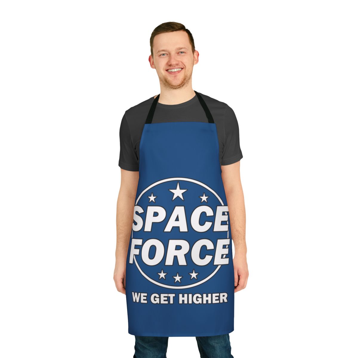 A white apron featuring a "Space Force" inspired design with a humorous, space-themed graphic.