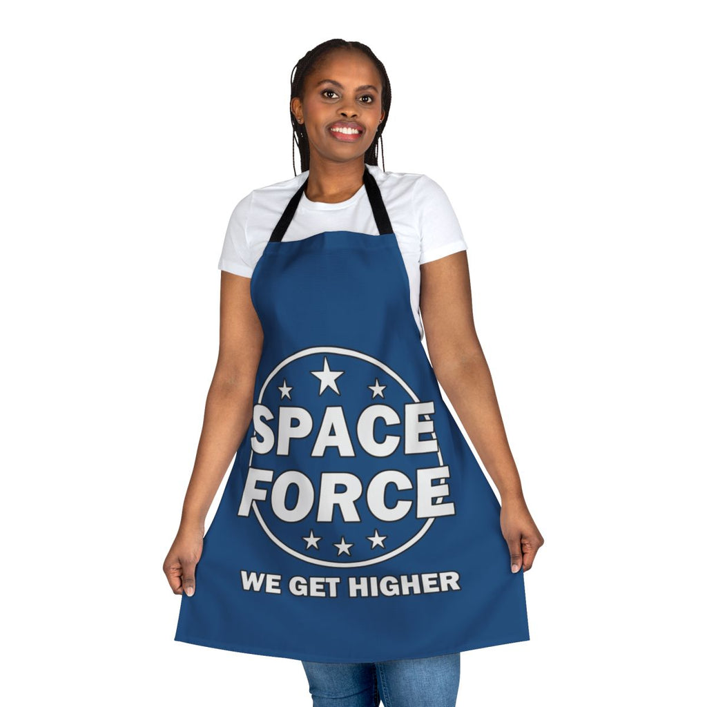 A white apron featuring a "Space Force" inspired design with a humorous, space-themed graphic.