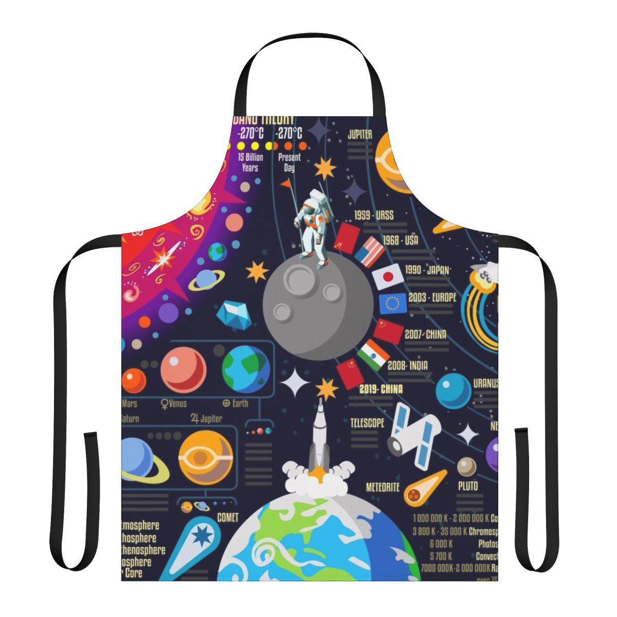 Apron featuring a detailed infographic design of the space universe, including planets, stars, and cosmic elements.