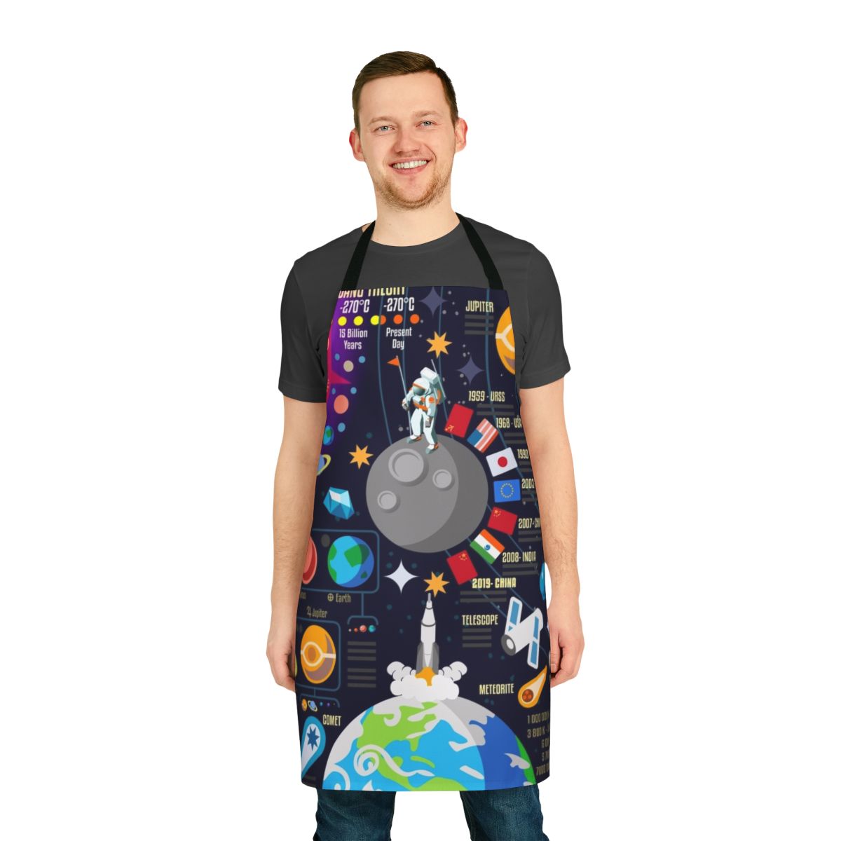Apron featuring a detailed infographic design of the space universe, including planets, stars, and cosmic elements.