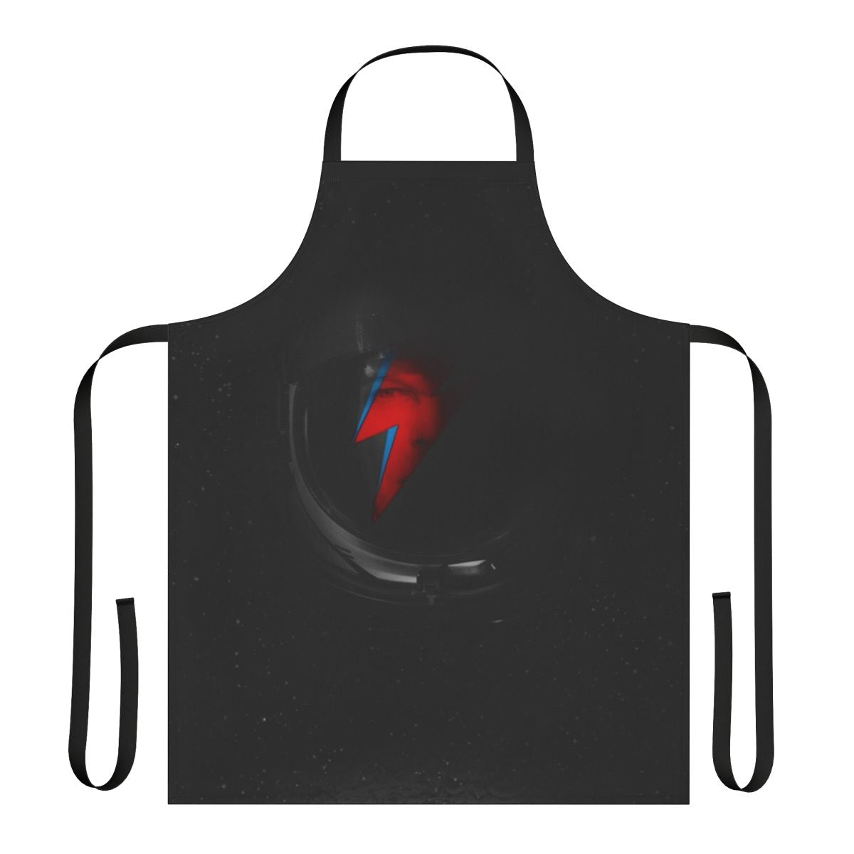 Stylish black and white space-themed apron with stars, planets, and a spaceman design