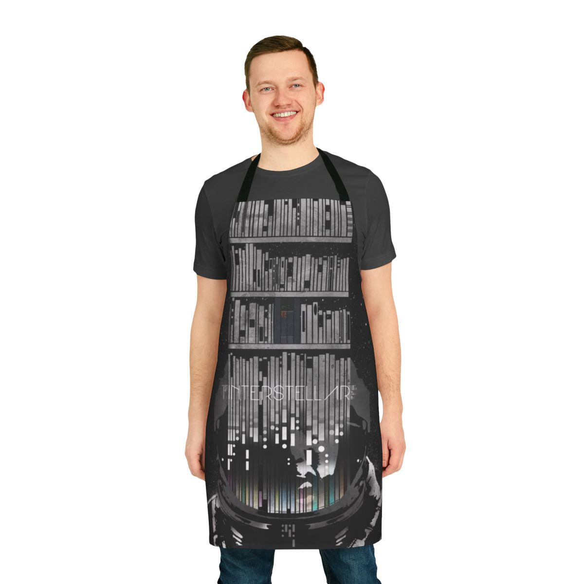 Interstellar movie poster inspired apron with a cosmic, space-themed design