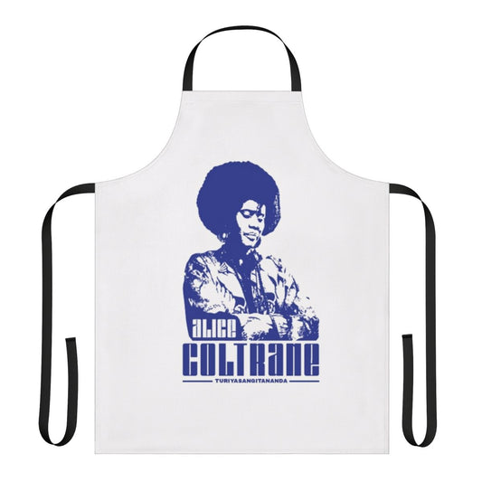 Artistic apron featuring the harp and imagery inspired by the music and spiritual cosmic themes of jazz pioneer Alice Coltrane.
