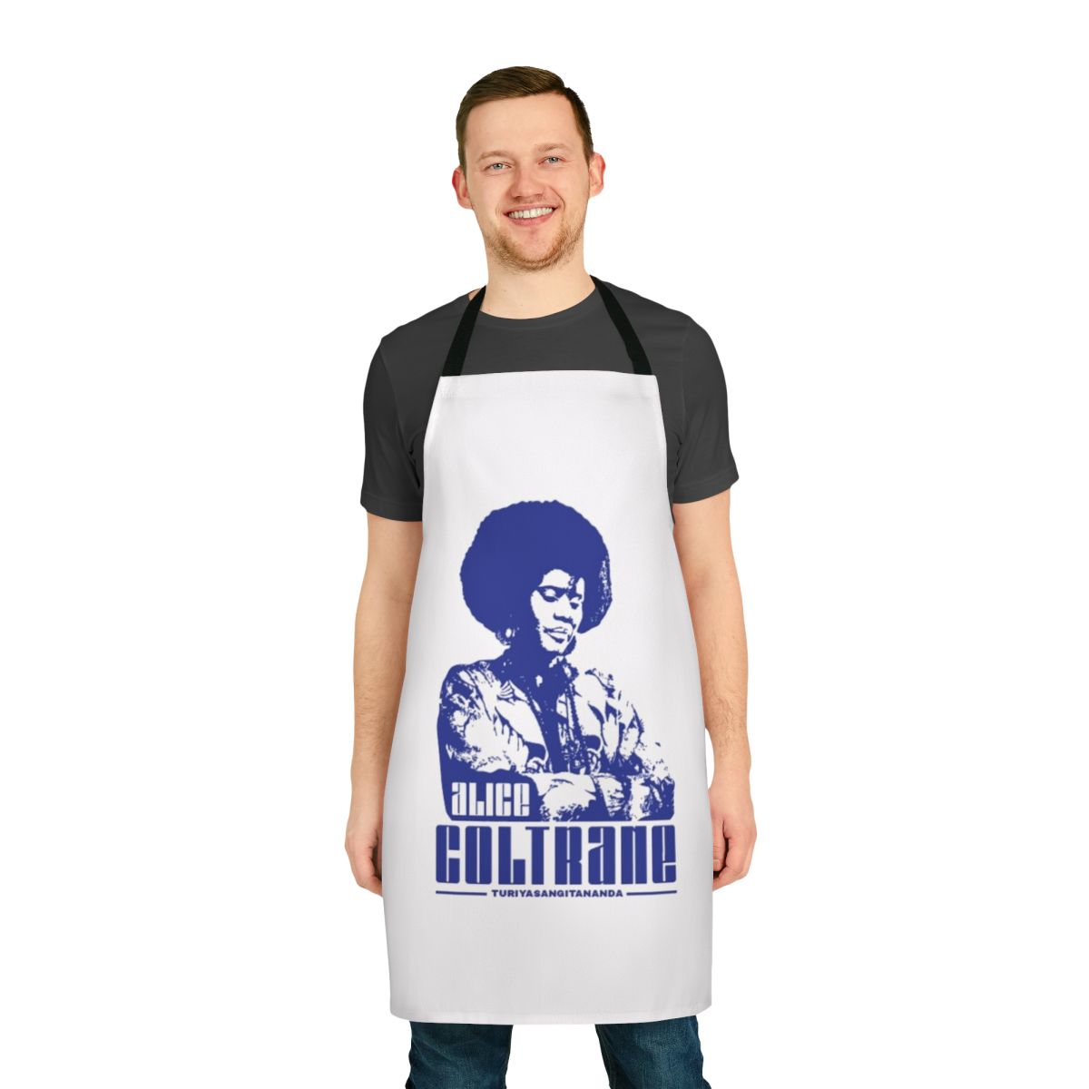 Artistic apron featuring the harp and imagery inspired by the music and spiritual cosmic themes of jazz pioneer Alice Coltrane.